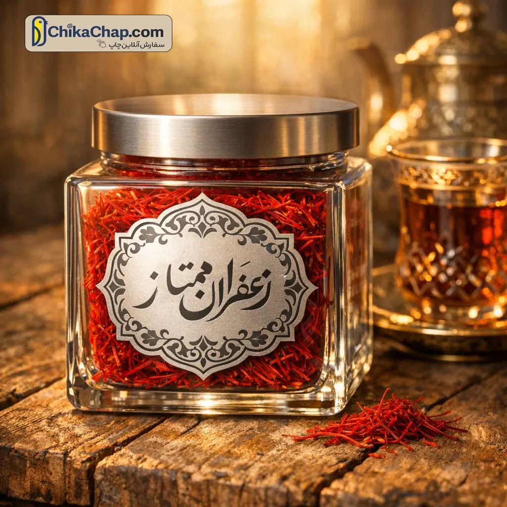 چاپ و برش لیبل متالایز نقره ای با روکش سلفون مات برای بسته&zwnj;بندی زعفران ایرانی